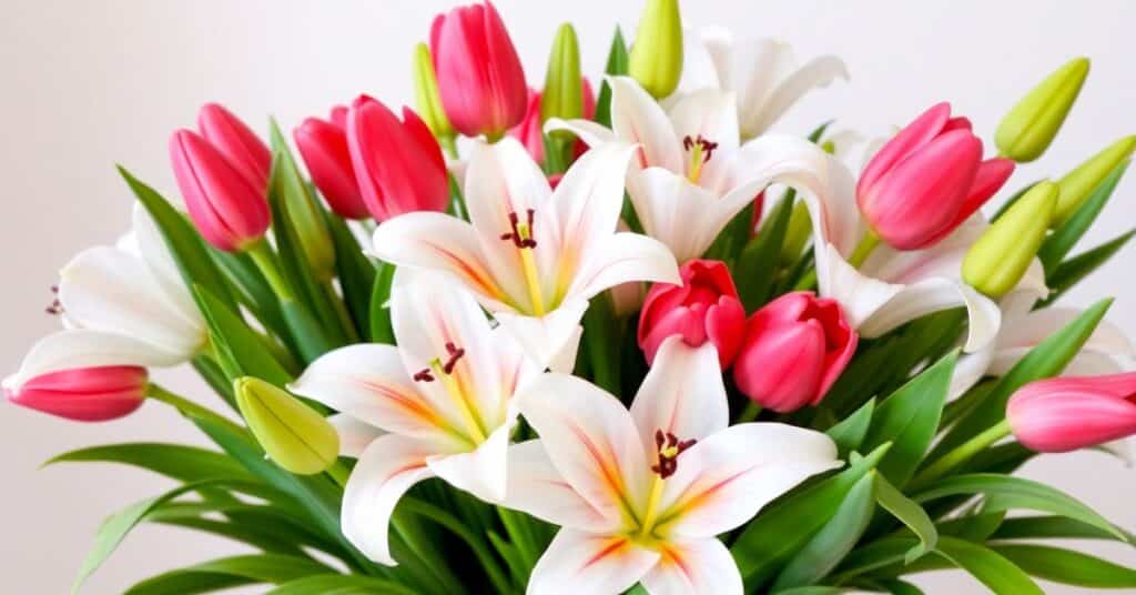 A customized valentine flower bouquet of tulips and lilies. The background is plain white wall.