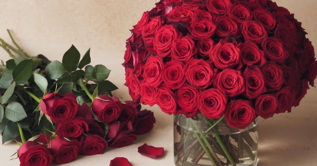 A photo of a half dozen roses next to a vase with over 50 roses. The roses are red and have a few petals on the ground. The background is a beige wall.