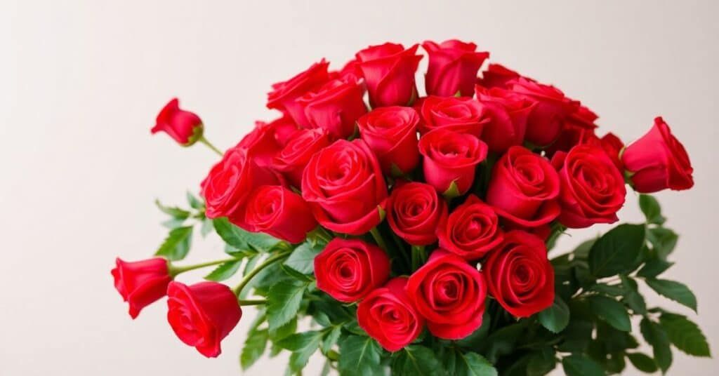 A big valentine flower bouquet of red roses with plain background.