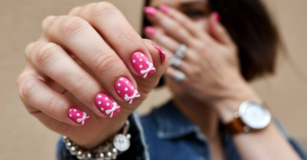 A photo of a lady with short nails. She is holding her hand up close to the camera. Her nails are painted a bright pink colour and have small, white polka dots. There is a small, white bow at the top of each nail. The lady has covered her face with the other hand.