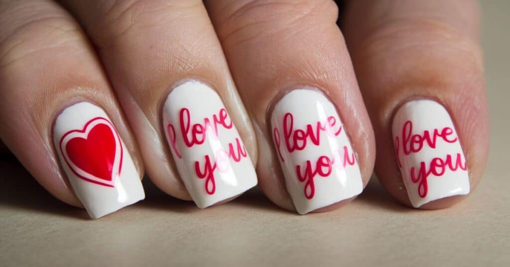 A photo of a manicure with square shaped nails. Each nail has a minimalist Valentine's day nails. There is a red heart with a white outline, and the text "I love you" in pink cursive.