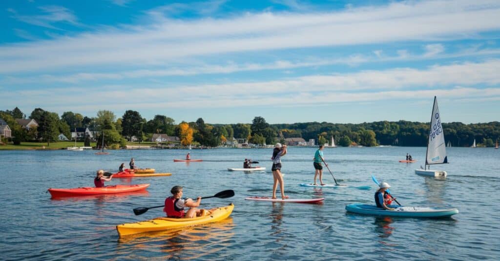 A photo of tourists doing various water sports on Lake Michigan. There are people kayaking, paddleboarding, and sailing. The lake is calm, with a few small waves.