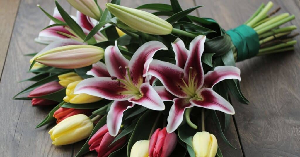 A photo of a bouquet of lilies and tulips. There are pink and white lilies with long stems, and red and yellow tulips with shorter stems. The bouquet is wrapped with green ribbon and placed on a wooden surface.