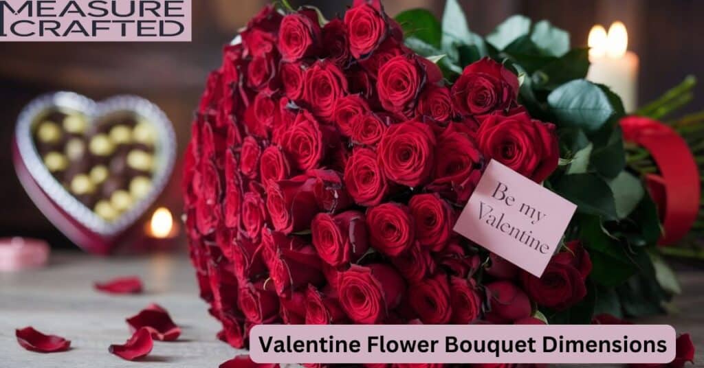 A photo of a huge bouquet of red roses. Few petals of roses are scattered around the bouquet. The bouquet is placed on a wooden surface. There is a card attached to the bouquet with the words "Be My Valentine". The background contains a heart shaped box of chocolates and a candle.